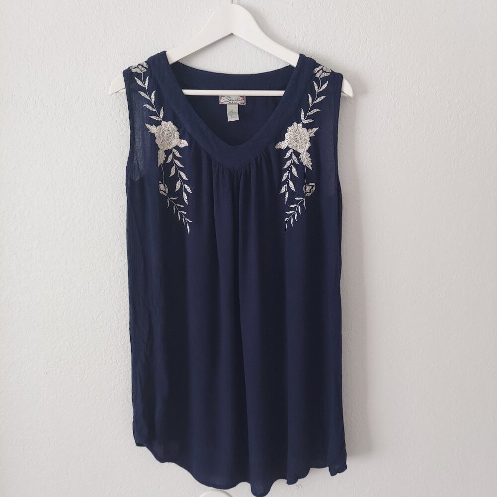 Studio West Navy Blue Embroidered Sleeveless Boho Blouse Women’s Size S - Picture 3 of 7